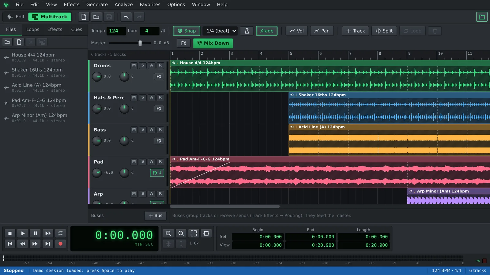 The Auditius multitrack view: drum, percussion, bass, pad and arpeggio loops on colored tracks, with the mixer controls and the organizer